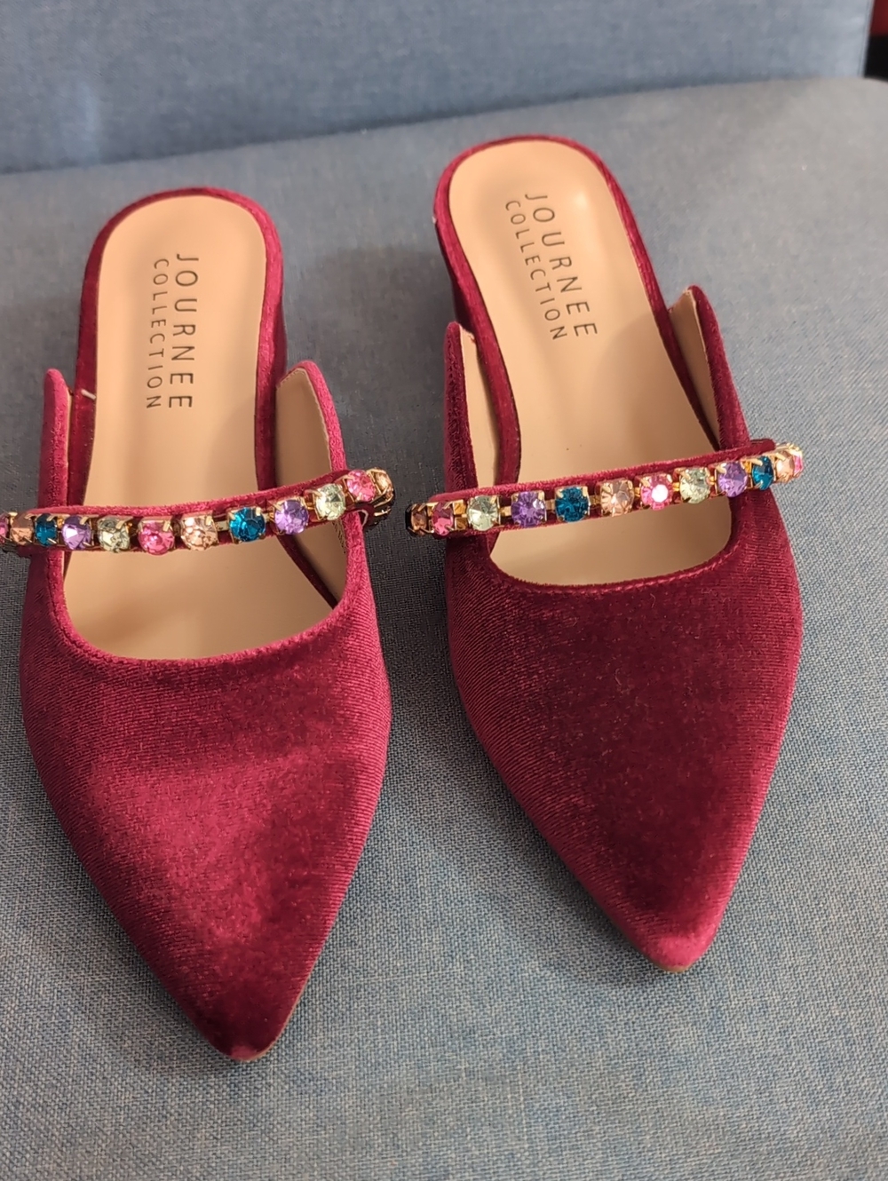 Journee Collection Burgundy Velvet Jeweled Pointed Mules
